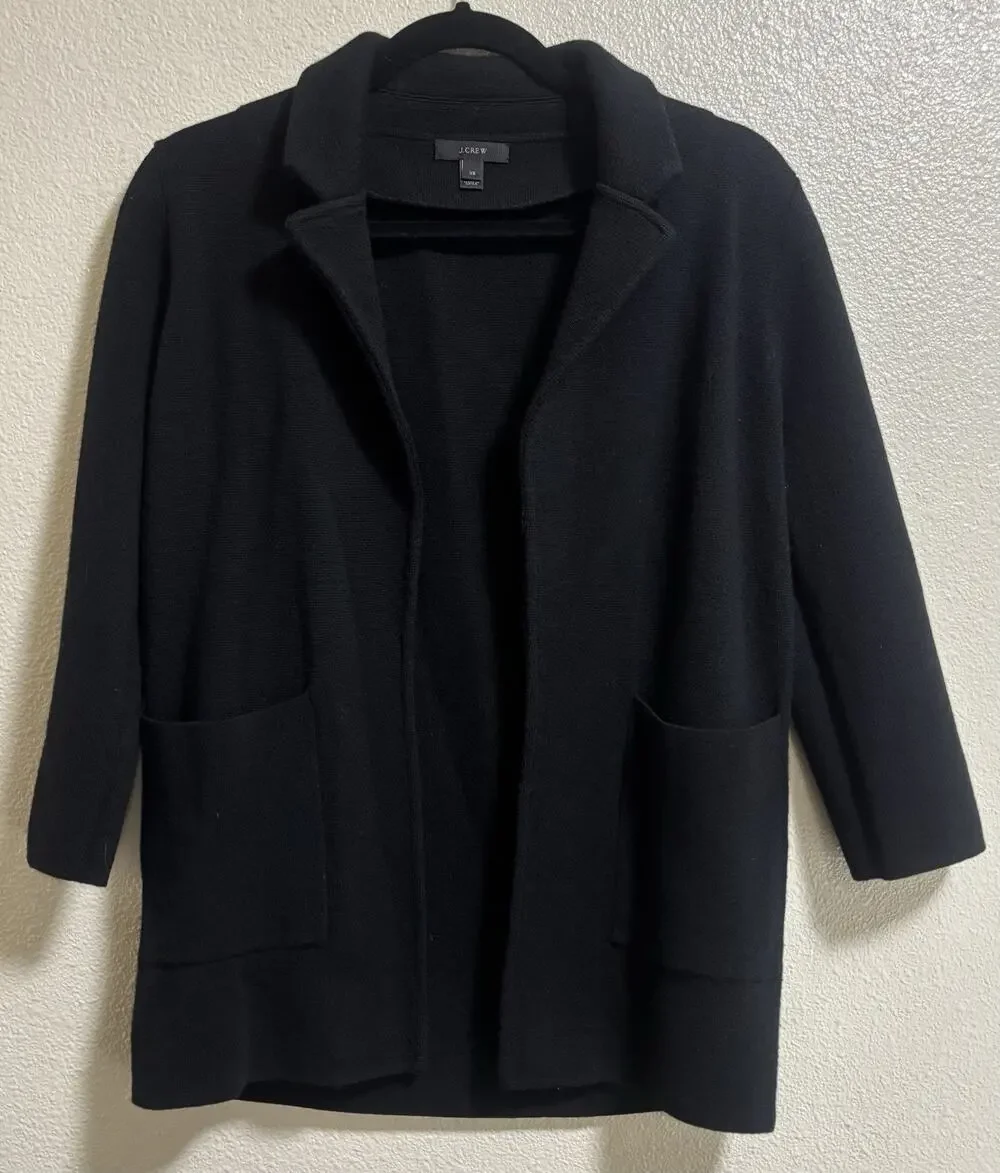 J. Crew Open Front Sweater 100% Merino Wool Black Blazer Office Women's Size XS
